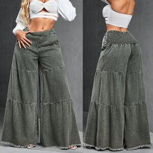 Army Green Women's Loose Boyfriend Style Distressed Hem Patchwork Denim Jeans